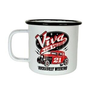 Rockabilly Viva Las Vegas Weekend 21 White Enamel Camper Coffee Mug NEW